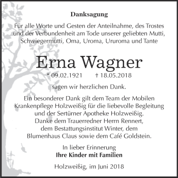 Traueranzeige von Erna Wagner von WVG - Wochenspiegel Bitterfeld