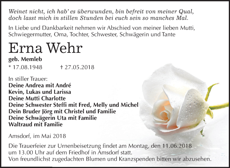  Traueranzeige für Erna Wehr vom 02.06.2018 aus Mitteldeutsche Zeitung