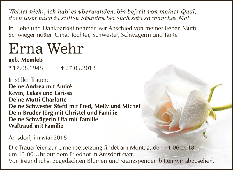  Traueranzeige für Erna Wehr vom 02.06.2018 aus Super Sonntag SGH Mansf. Land