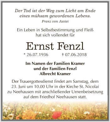 Traueranzeige von Ernst Fenzl von Super Sonntag SGH Mansf. Land