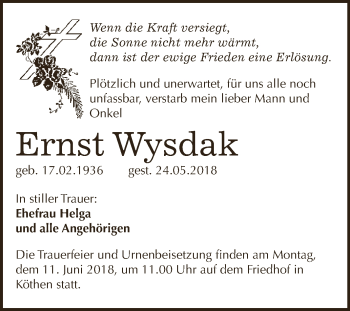 Traueranzeige von Ernst Wysdak von WVG - Wochenspiegel Dessau / Köthen