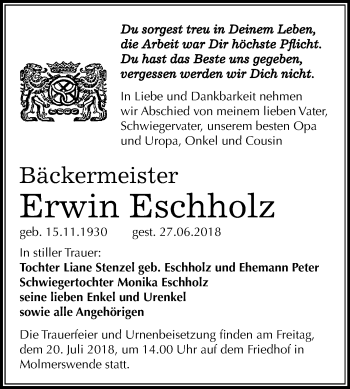 Traueranzeige von Erwin Eschholz von Mitteldeutsche Zeitung