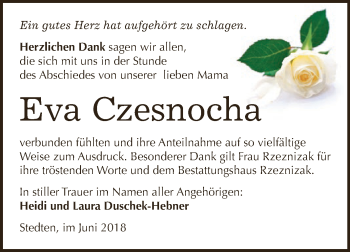 Traueranzeige von Eva Czesnocha von Super Sonntag SGH Mansf. Land