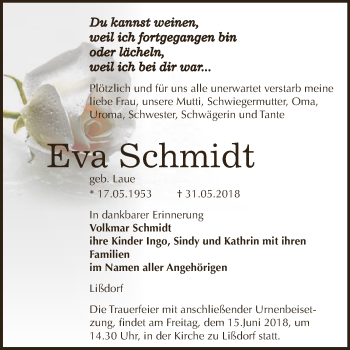 Traueranzeige von Eva Schmidt von WVG - Wochenspiegel NMB / WSF / ZTZ