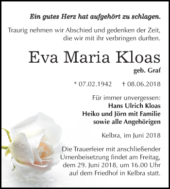 Traueranzeige von Eva Maria Kloas von Mitteldeutsche Zeitung
