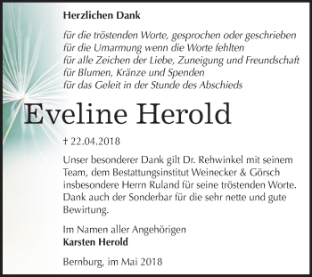 Traueranzeige von Eveline Herold von Mitteldeutsche Zeitung Bernburg