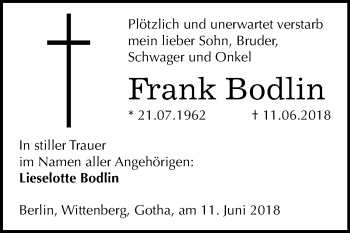 Traueranzeige von Frank Bodlin von Mitteldeutsche Zeitung