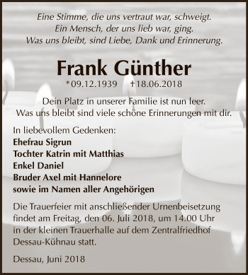 Traueranzeige von Frank Günther von WVG - Wochenspiegel Dessau / Köthen