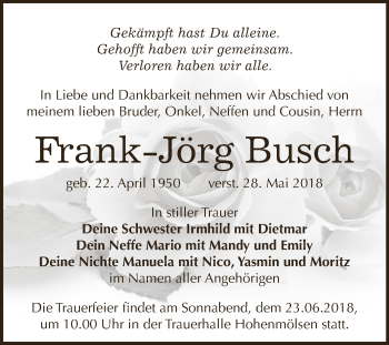 Traueranzeige von Frank-Jörg Busch von WVG - Wochenspiegel NMB / WSF / ZTZ