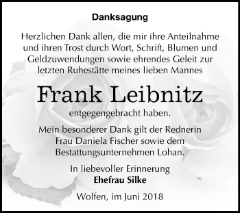 Traueranzeige von Frank Leibnitz von Mitteldeutsche Zeitung Bitterfeld