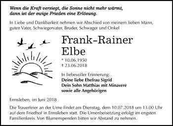 Traueranzeige von Frank-Rainer Elbe von Mitteldeutsche Zeitung