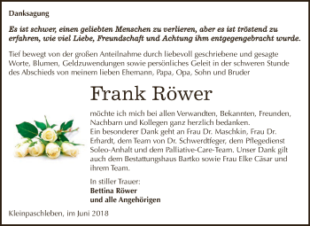 Traueranzeige von Frank Röwer von WVG - Wochenspiegel Dessau / Köthen
