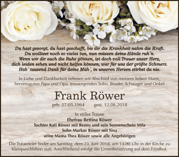 Traueranzeige von Frank Röwer von WVG - Wochenspiegel Dessau / Köthen