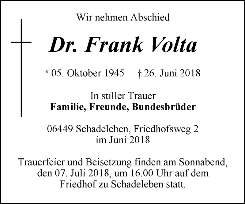  Traueranzeige für Frank Volta vom 30.06.2018 aus Mitteldeutsche Zeitung Aschersleben