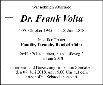 Traueranzeige von Frank Volta von Mitteldeutsche Zeitung Aschersleben