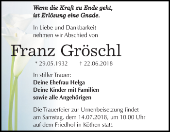 Traueranzeige von Franz Gröschl von Mitteldeutsche Zeitung Köthen