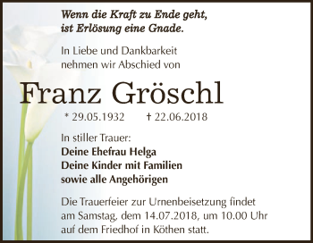Traueranzeige von Franz Gröschl von WVG - Wochenspiegel Dessau / Köthen