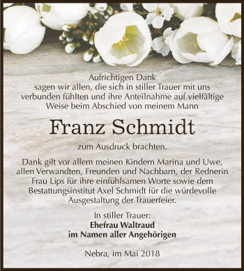 Traueranzeige von Franz Schmidt von WVG - Wochenspiegel NMB / WSF / ZTZ