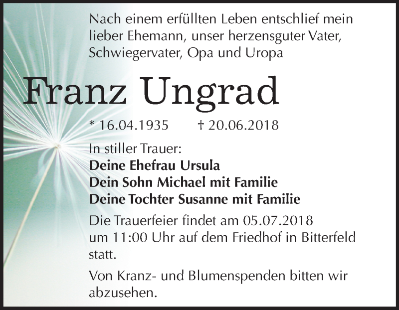  Traueranzeige für Franz Ungrad vom 29.06.2018 aus Mitteldeutsche Zeitung Bitterfeld