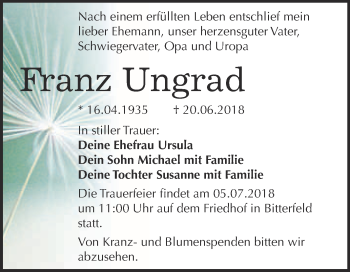 Traueranzeige von Franz Ungrad von WVG - Wochenspiegel Bitterfeld