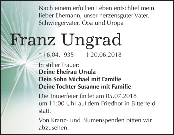 Traueranzeige von Franz Ungrad von Mitteldeutsche Zeitung Bitterfeld