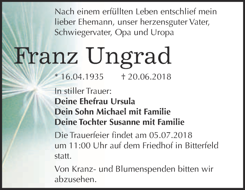  Traueranzeige für Franz Ungrad vom 27.06.2018 aus WVG - Wochenspiegel Bitterfeld