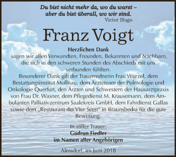 Traueranzeige von Franz Voigt von Super Sonntag SGH Mansf. Land