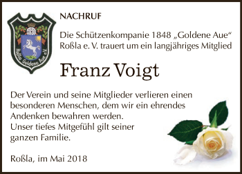 Traueranzeige von Franz Voigt von Super Sonntag SGH Mansf. Land