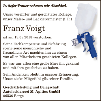 Traueranzeige von Franz Voigt von Super Sonntag SGH Mansf. Land
