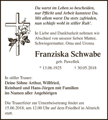 Traueranzeige von Franziska Schwabe von WVG - Wochenspiegel NMB / WSF / ZTZ