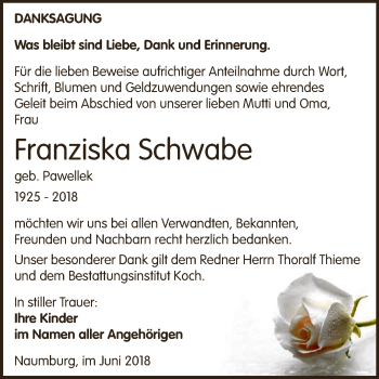 Traueranzeige von Franziska Schwabe von WVG - Wochenspiegel NMB / WSF / ZTZ