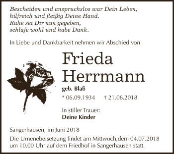 Traueranzeige von Frieda Herrmann von WVG - Wochenspiegel SGH