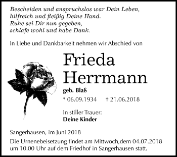 Traueranzeige von Frieda Herrmann von Mitteldeutsche Zeitung