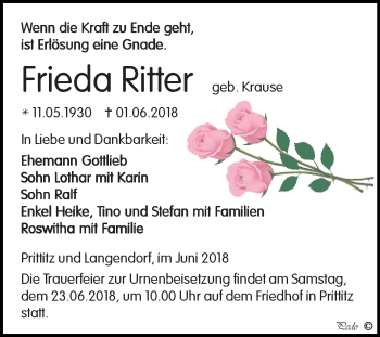 Traueranzeige von Frieda Ritter von Mitteldeutsche Zeitung Weißenfels