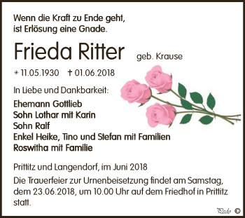 Traueranzeige von Frieda Ritter von WVG - Wochenspiegel NMB / WSF / ZTZ