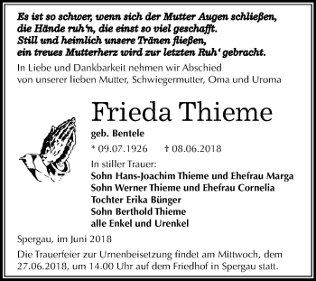 Traueranzeige von Frieda Thieme von Mitteldeutsche Zeitung Merseburg/Querfurt