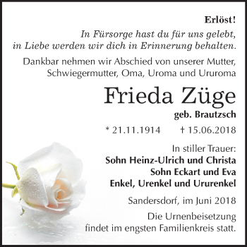 Traueranzeige von Frieda Züge von Mitteldeutsche Zeitung Bitterfeld