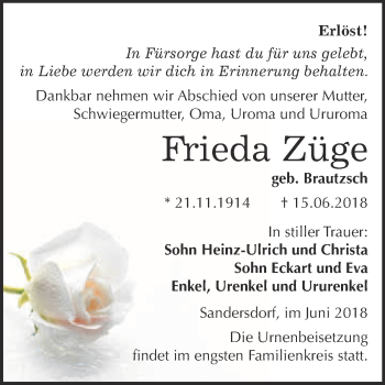 Traueranzeige von Frieda Züge von WVG - Wochenspiegel Bitterfeld