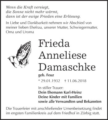 Traueranzeige von Frieda Anneliese Damaschke von WVG - Wochenspiegel Bitterfeld