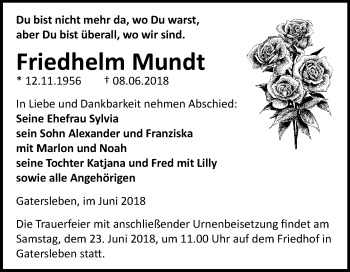 Traueranzeige von Friedhelm Mundt von Mitteldeutsche Zeitung Aschersleben