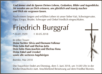 Traueranzeige von Friedrich Burggraf von Super Sonntag Zeitz