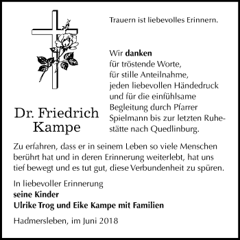 Traueranzeige von Friedrich Kampe von Mitteldeutsche Zeitung Quedlinburg