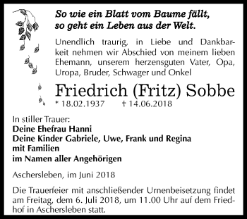 Traueranzeige von Friedrich Sobbe von Mitteldeutsche Zeitung Aschersleben