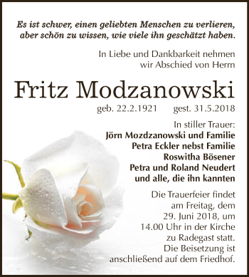 Traueranzeige von Fritz Modzanowski von WVG - Wochenspiegel Dessau / Köthen