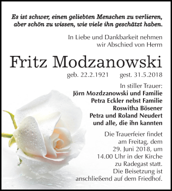 Traueranzeige von Fritz Modzanowski von Mitteldeutsche Zeitung Köthen