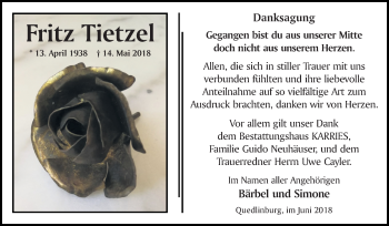 Traueranzeige von Fritz Tietzel von Mitteldeutsche Zeitung Quedlinburg