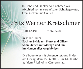 Traueranzeige von Fritz Werner Kretschmer von Mitteldeutsche Zeitung Bernburg