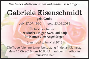 Traueranzeige von Gabriele Eisenschmidt von WVG - Wochenspiegel Merseburg
