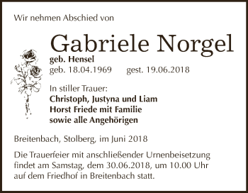 Traueranzeige von Gabriele Norgel von Super Sonntag SGH Mansf. Land