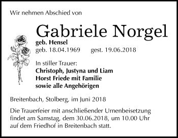 Traueranzeige von Gabriele Norgel von Mitteldeutsche Zeitung Sangerhausen